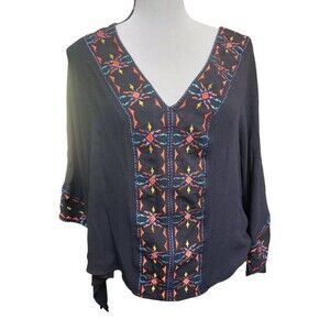 Soieblu Batwing Embroidered Top Size Large Black Boho Hippie